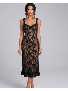 Lace Overlay Midi Dress with Ruffle Hem and Scalloped Trim Black